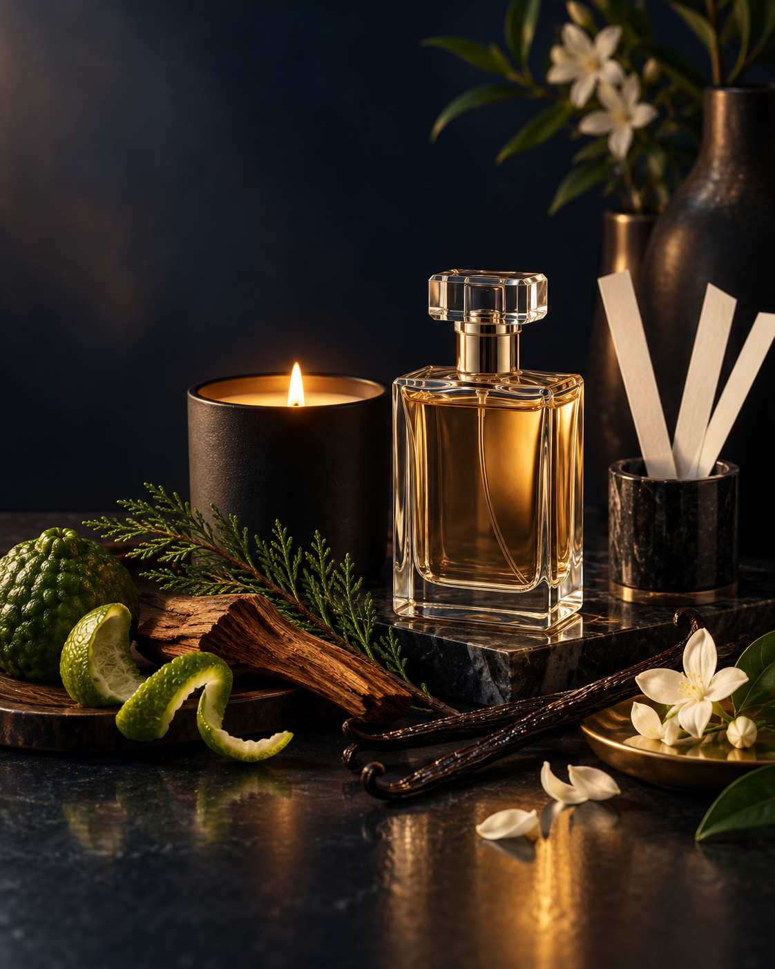 Perfume bottle, candle, fragrance strips, and botanical ingredients